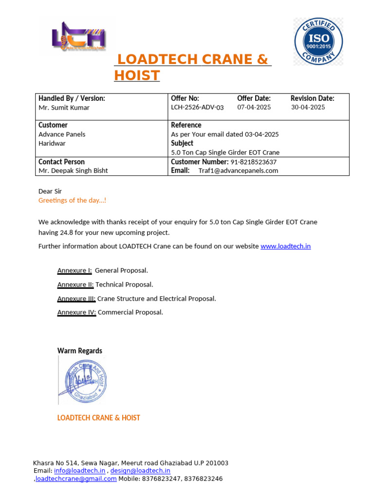 5 Ton Single Girder EOT Crane Proposal | PDF | Crane (Machine) | Equipment