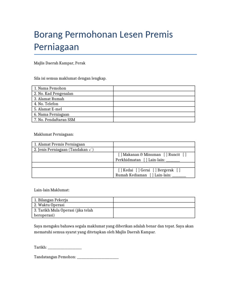Borang Rasmi Lesen MDKampar | PDF