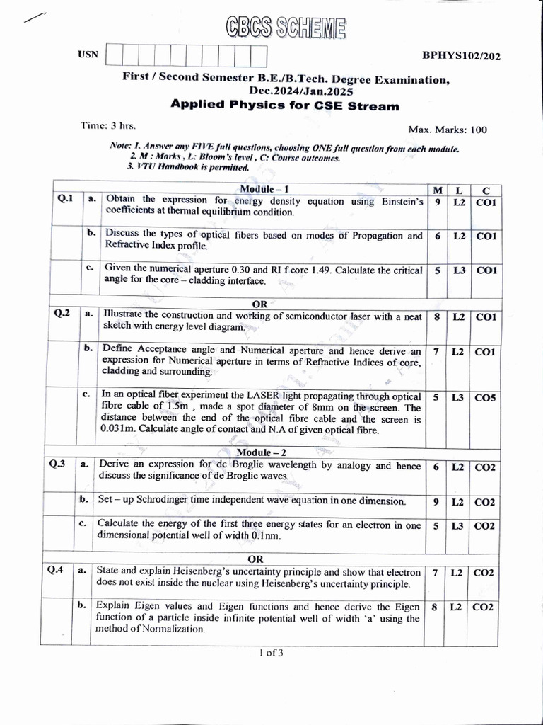 Applied Physics Exam Questions 2022-23 | PDF | Electron | Laser