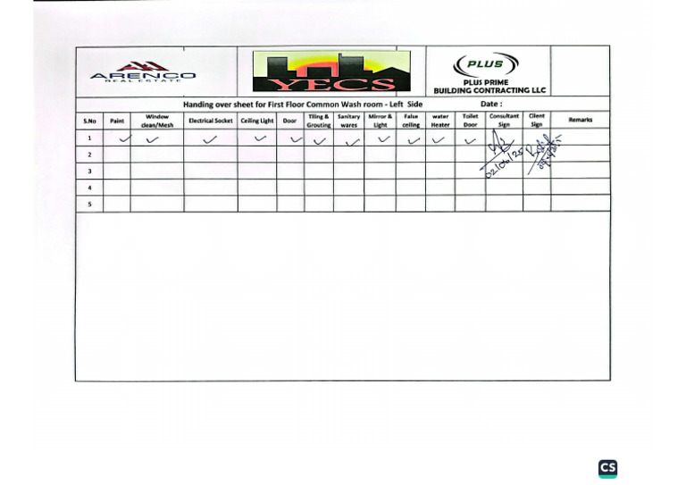 Handing Over Sheet For First Floor Common Wash Room - Left Side | PDF