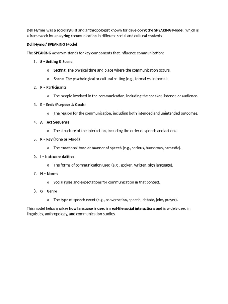 Dell Hymes' SPEAKING Model Explained | PDF