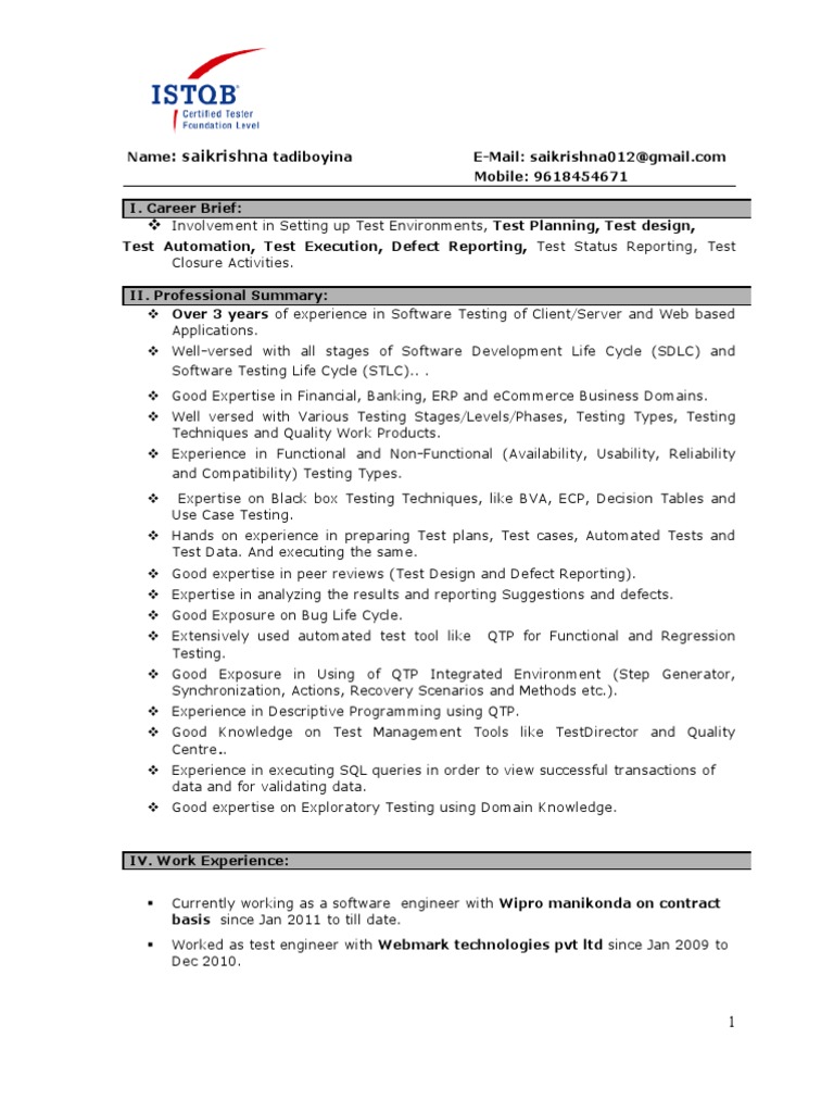 Resume Sample Resume Of Manual Tester manual testing experienced resume 1 software bug