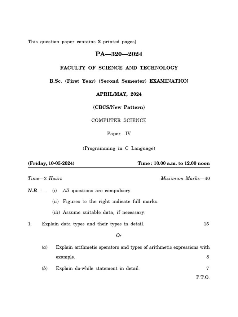 C Programming Exam Paper 2024 | PDF | Computing | Computer Programming