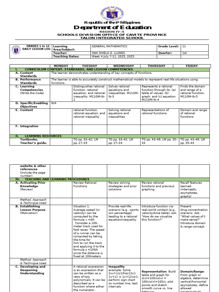Grade 11 General Mathematics Lesson Plan | PDF | Asymptote | Function ...