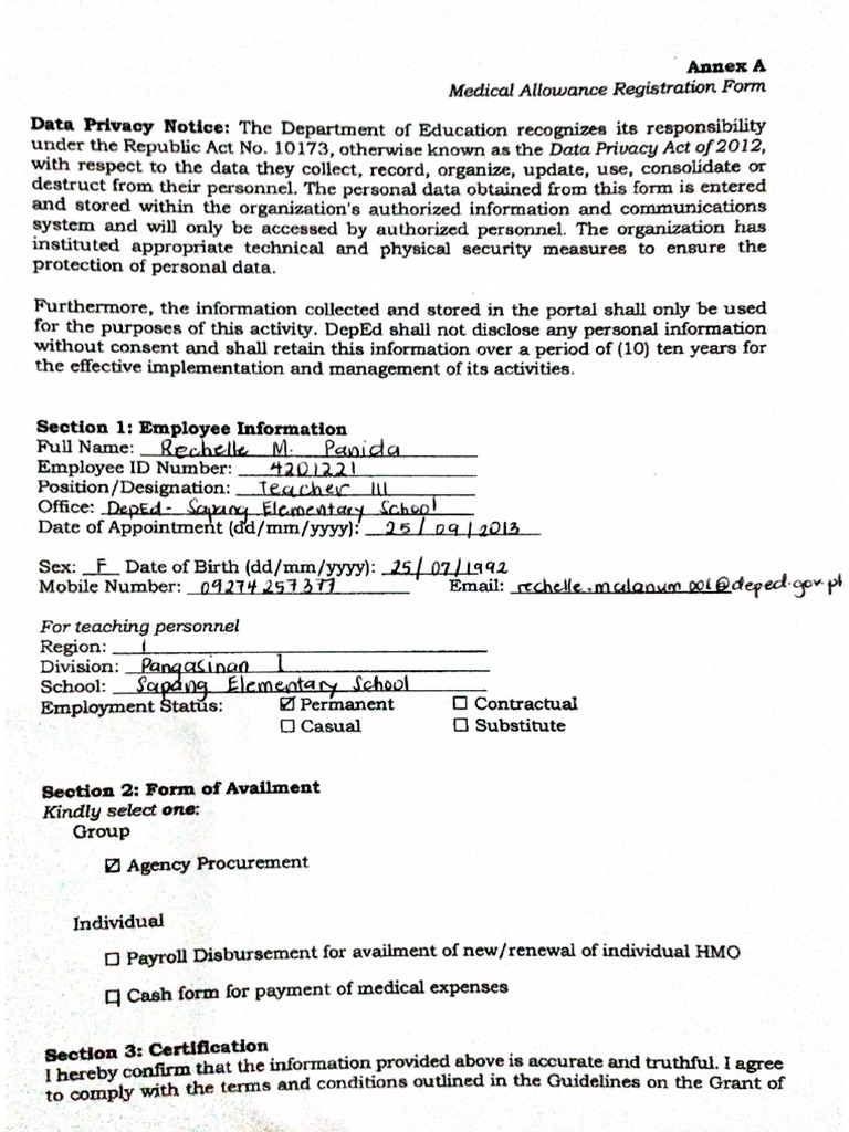 Medical Allowance Reg Form - Rechelle M. Panida | PDF