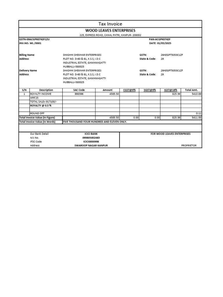 GST Invoice for Royalty Income | PDF