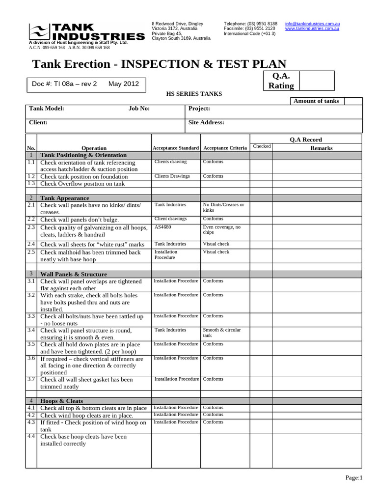 Tank Erection Inspection Plan | PDF