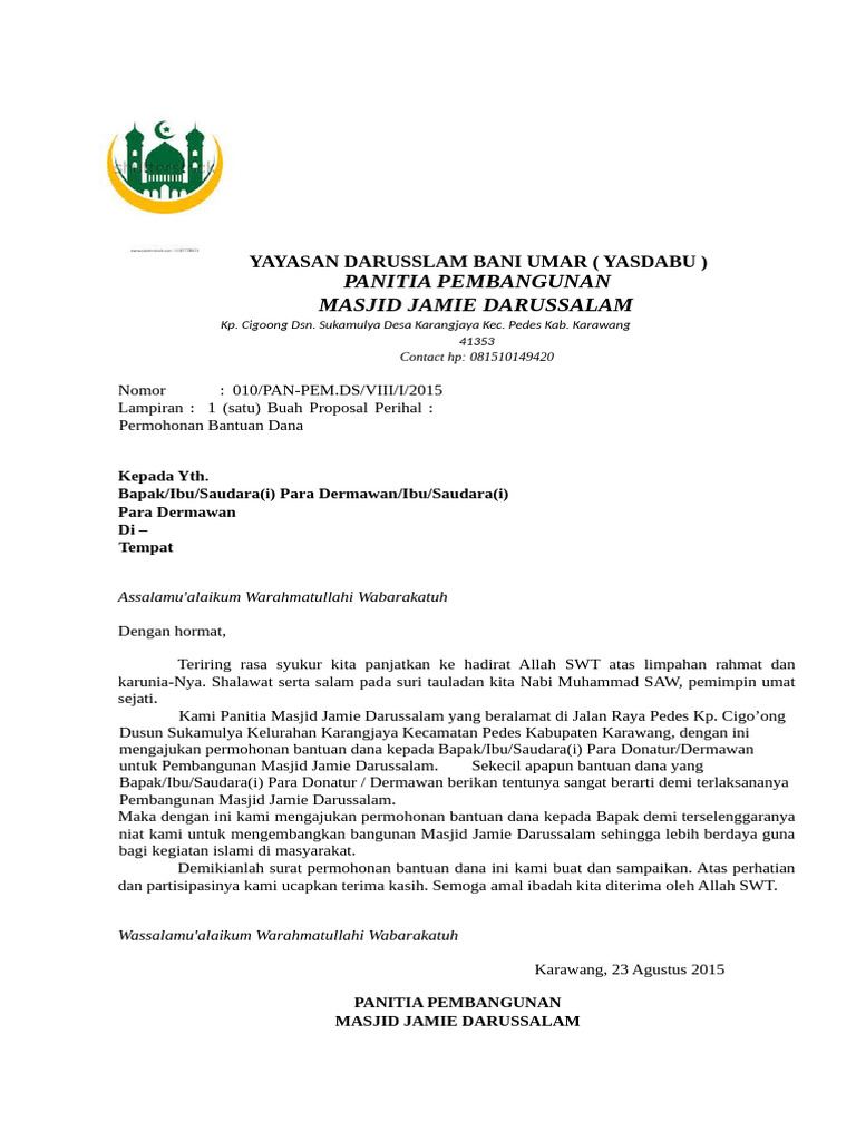 Permohonan Dana Pembangunan Masjid | PDF