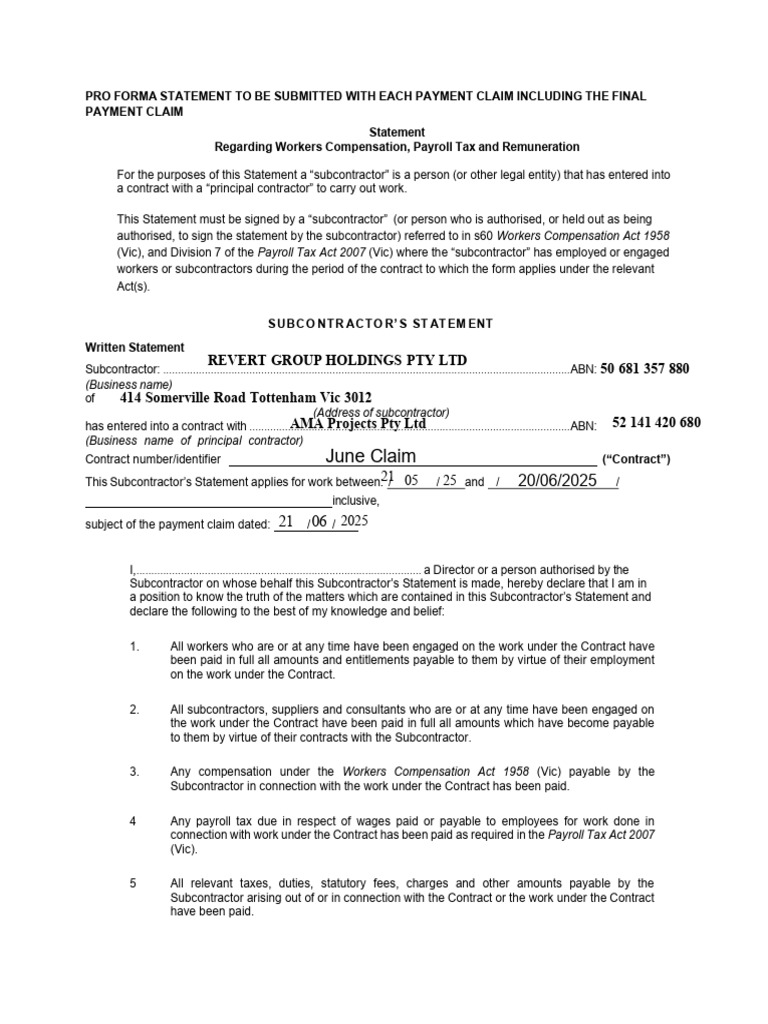 Subcontractor's Statement for Payments | PDF | Employment | Subcontractor