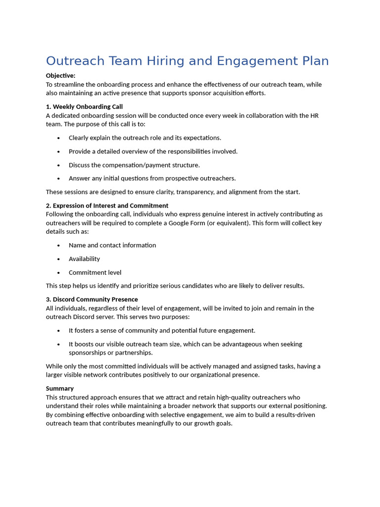 Outreach Team Hiring and Engagement Plan | PDF