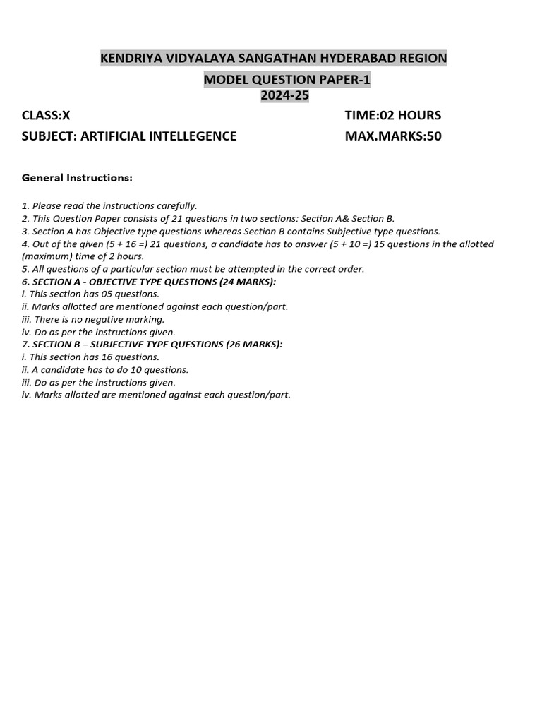 Class X AI Model Question Paper 2024-25 | PDF | Machine Learning ...