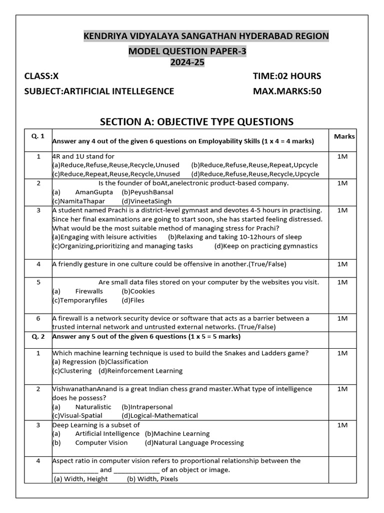 AI Class X Model Question Paper Key | PDF | Machine Learning ...