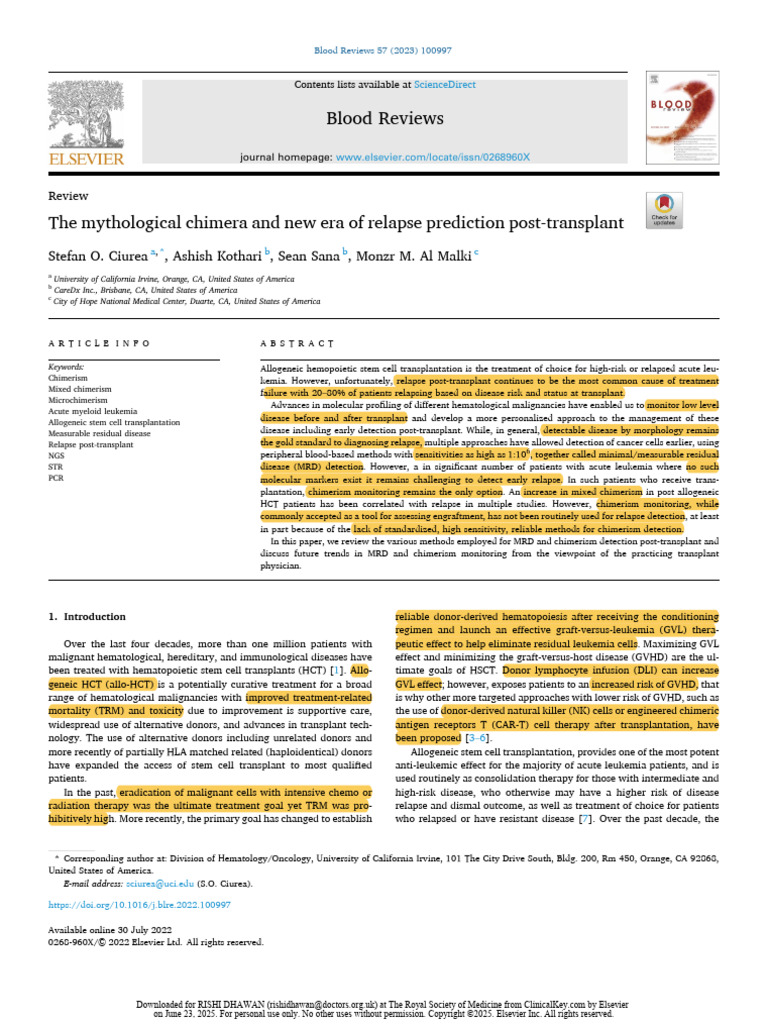 Chimerism and Relapse Prediction Post-Transplant | PDF | Hematopoietic ...