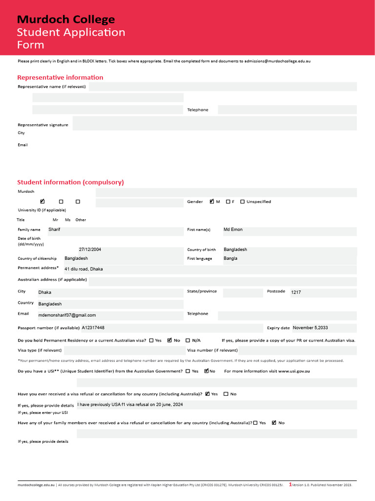 Murdoch College Student Application Form | PDF | Cost Of Living ...