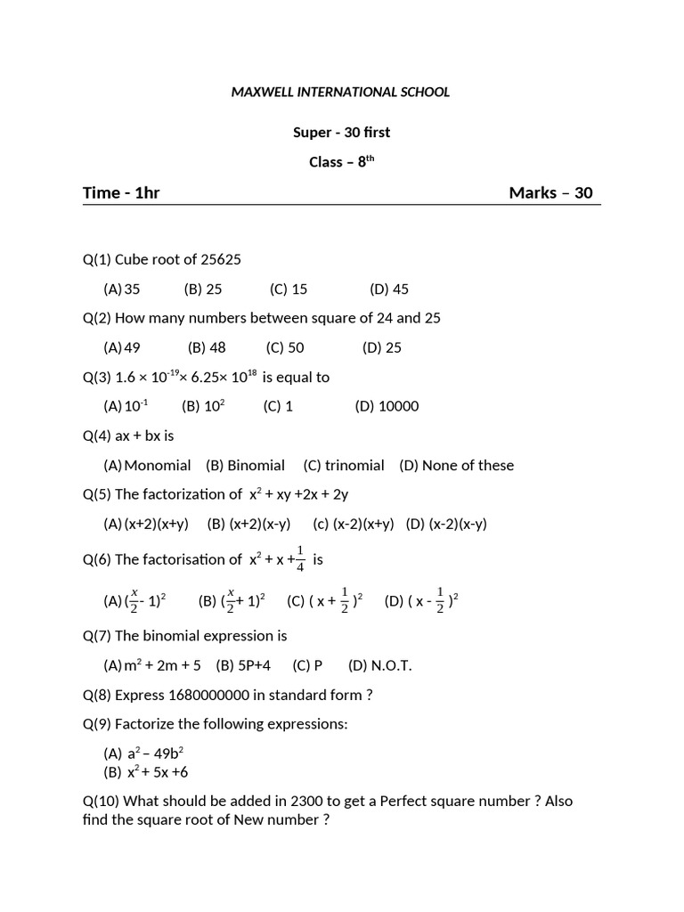 Class 8 Math Exam Questions | PDF