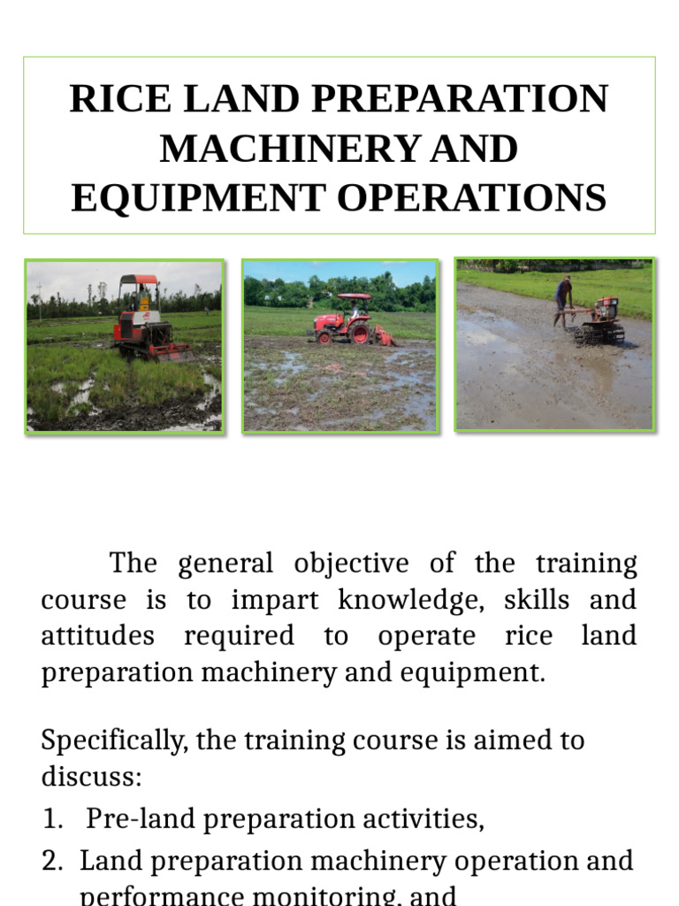 Rice Land Preparation Equipment Guide | PDF | Tractor | Tillage