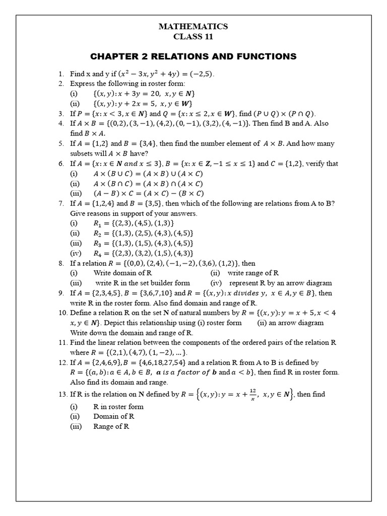 Class 11 Relations and Functions Exercises | PDF
