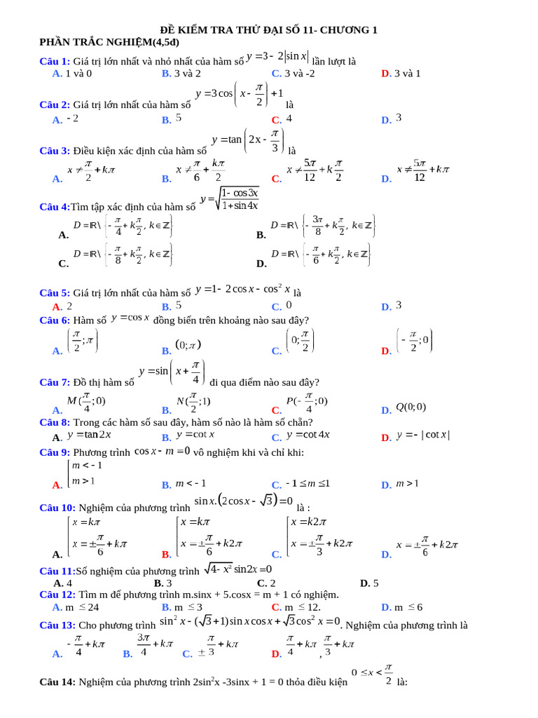 De Kiem Tra Dai So 11 Chuong 1 | PDF
