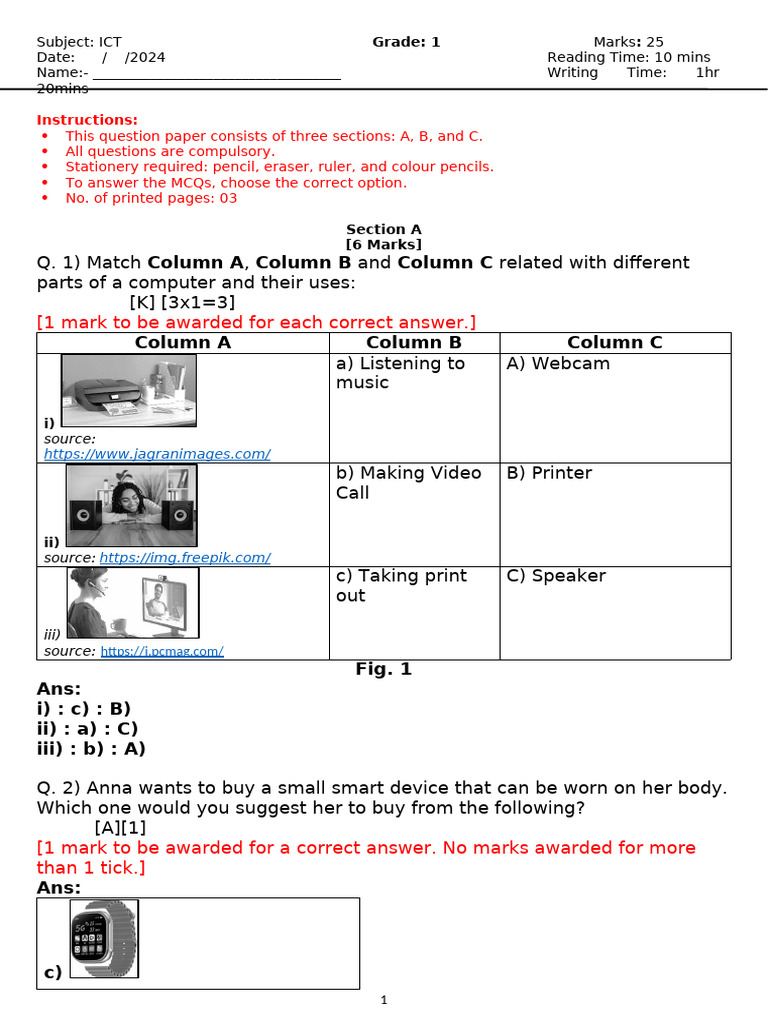 Grade 1 ICT Test Paper | PDF | Laptop | Computer Monitor
