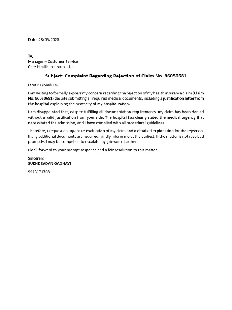 Health Insurance Claim Rejection Complaint | PDF