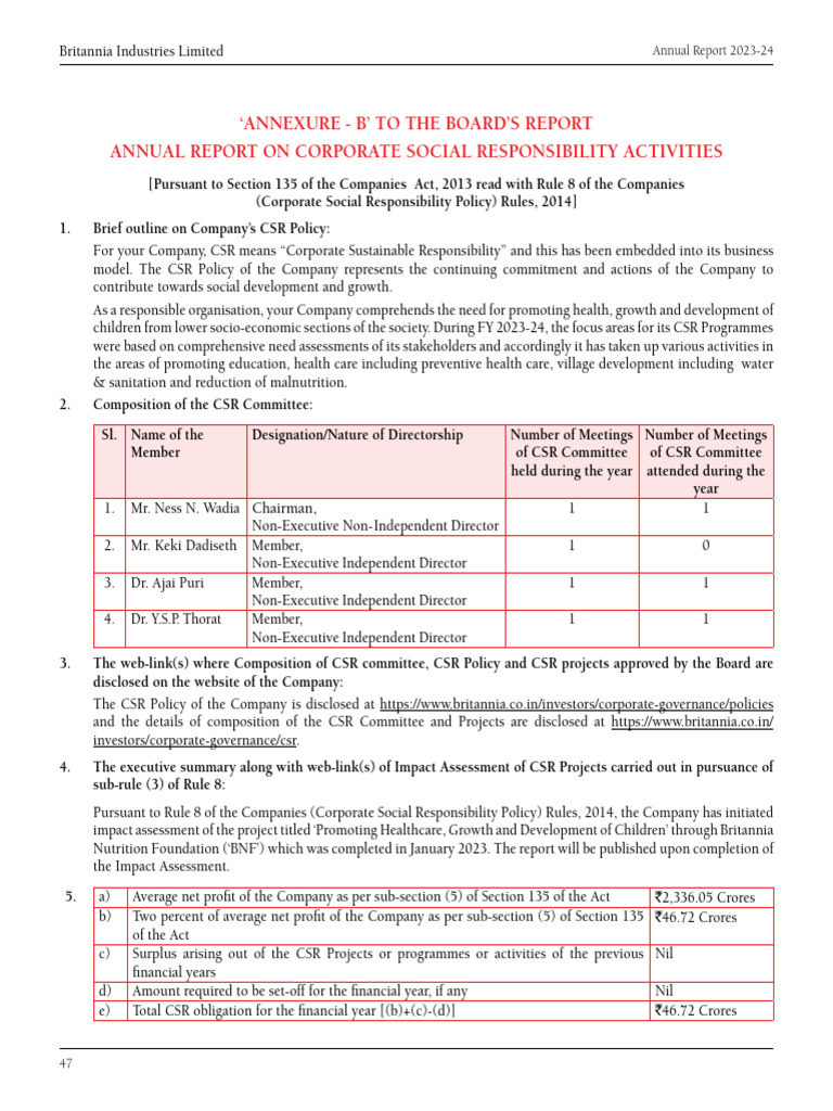 Britannia CSR Activities Report 2023-24 | PDF | Malnutrition ...