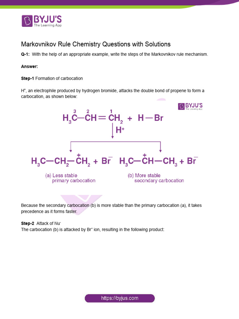 Markovnikov Rule Q&A with Solutions PDF Alkene Chemical Reactions — free download