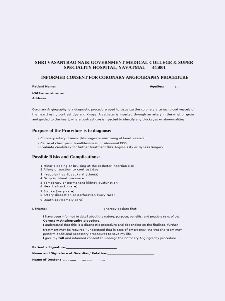 Coronary Angiography Consent Form | PDF
