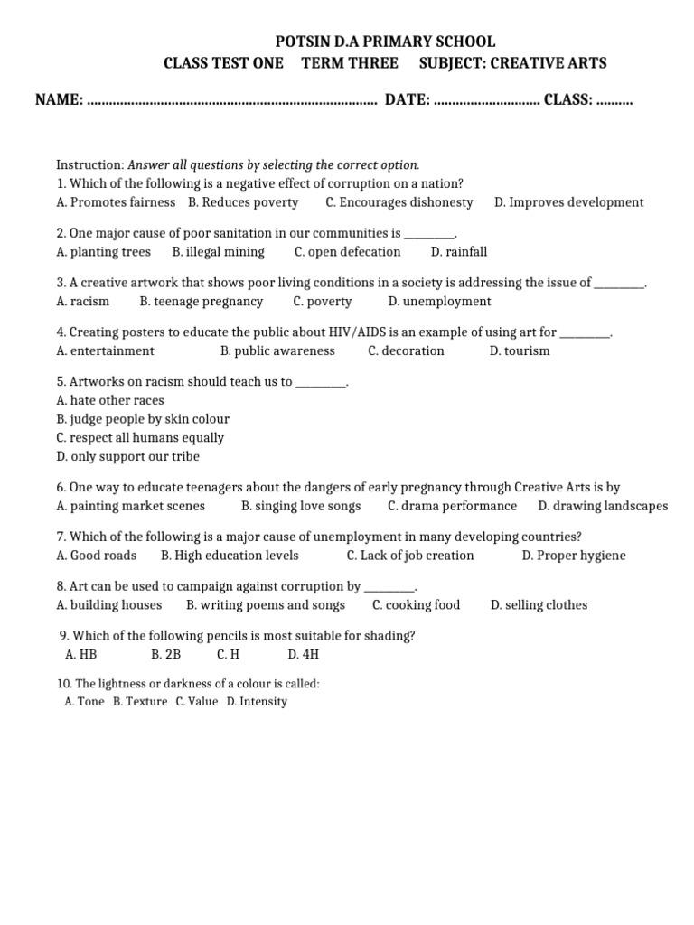 Grade 4 Creative Arts Class Test | PDF