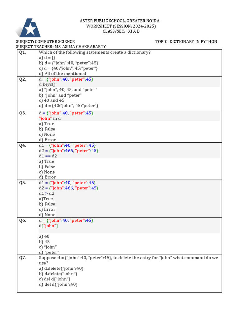 Python Dictionary Worksheet for Class XI | PDF | Computer Engineering ...