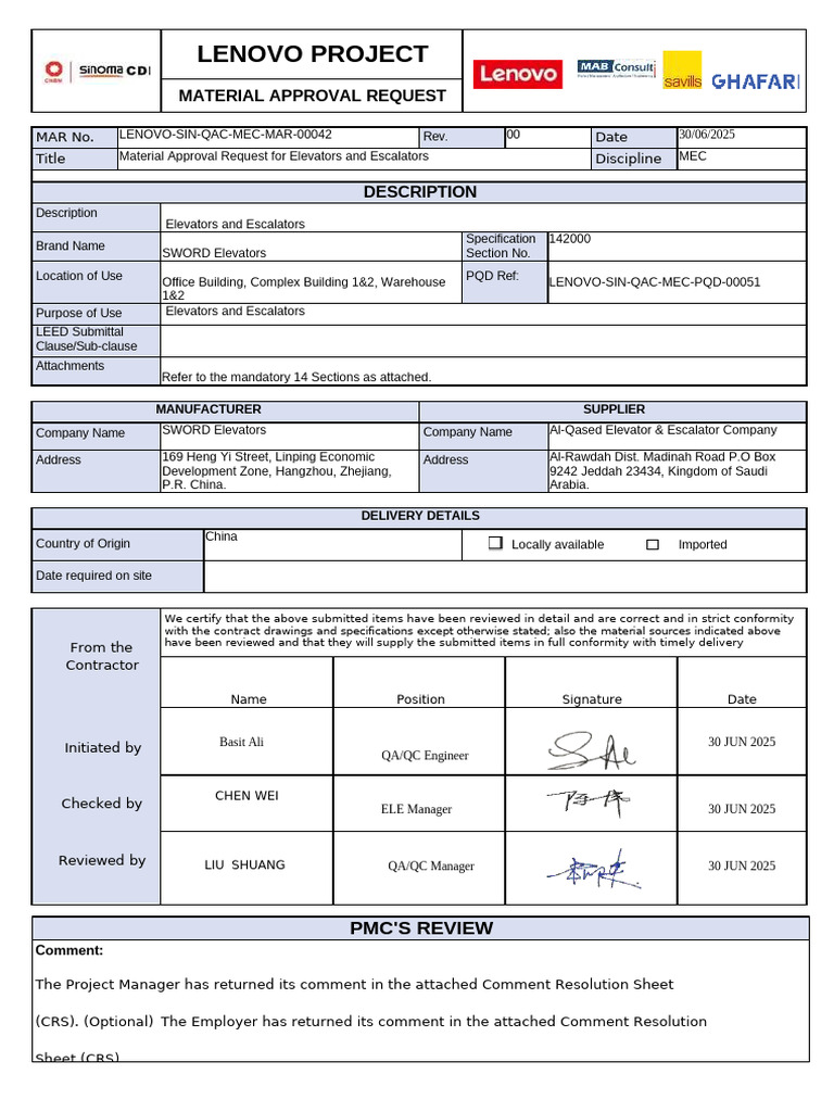 Material Approval Request: Elevators & Escalators | PDF | Elevator | Door