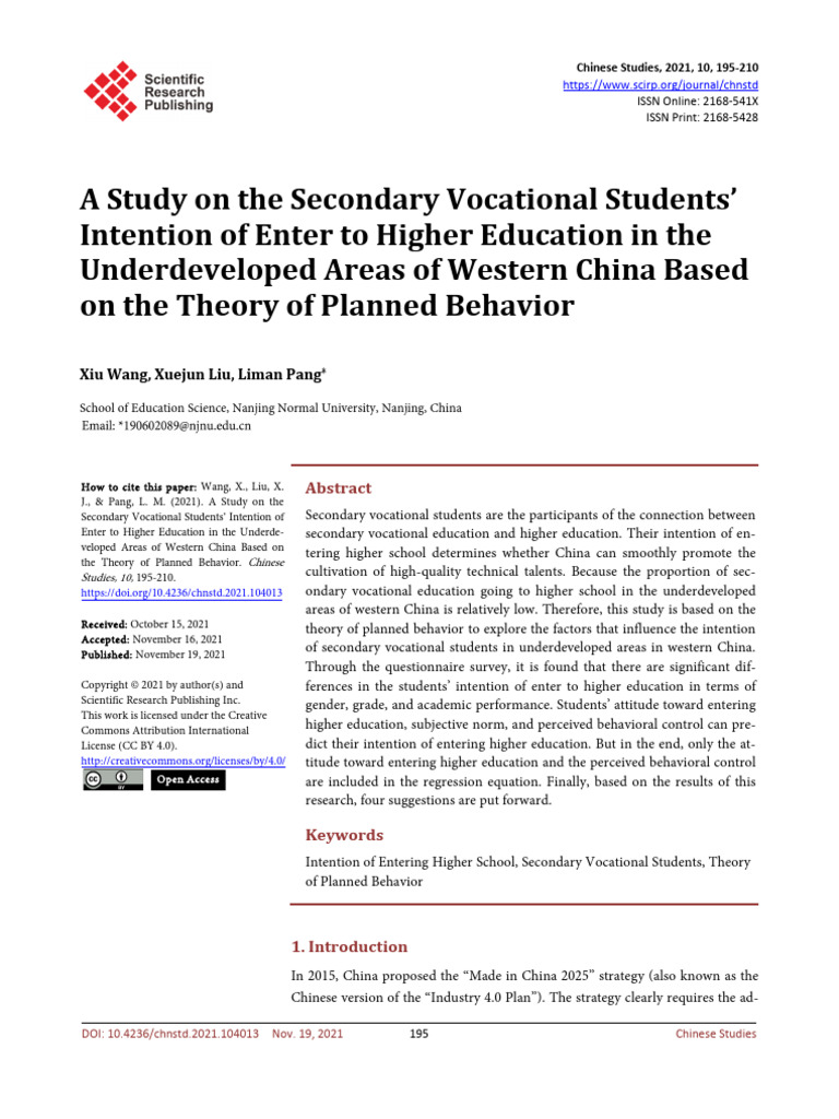 A Study On The Secondary Vocational Students' Intention of Enter To ...