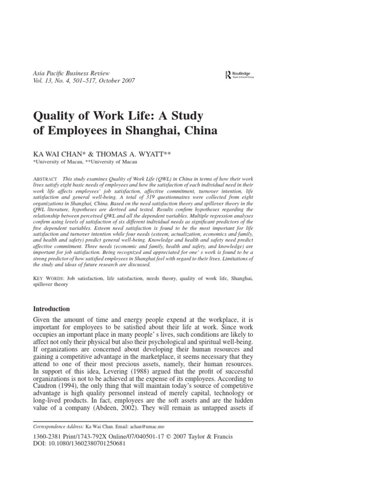 Quality of Work Life A Study of Employees in Shanghai, China. | PDF ...