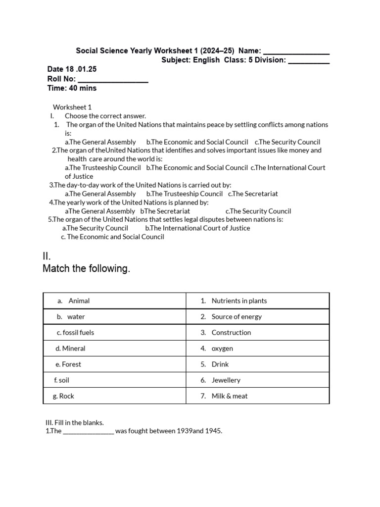 Social Science Worksheet for Class 5 | PDF | Renewable Resources ...