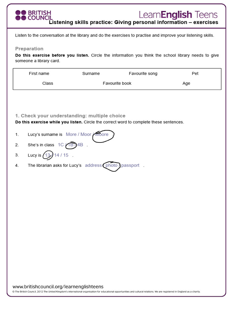 Library Listening Skills Exercises | PDF