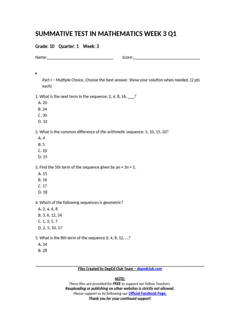 Math10 Summative Test Q1 W3 Pdf Arithmetic Sequence