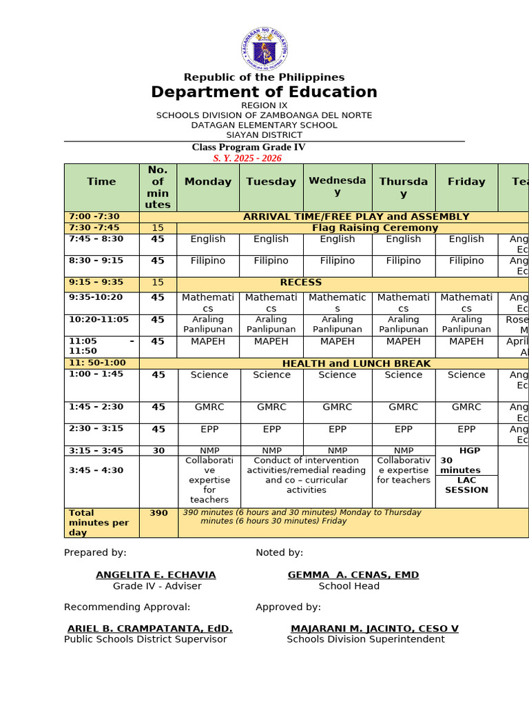 Datagan Elementary School Class Program | PDF | Behavior Modification ...