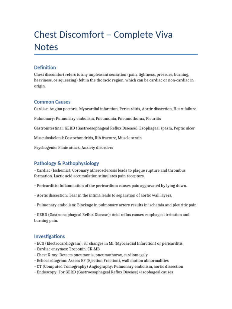 Chest Discomfort Viva Notes FullForms | PDF | Myocardial Infarction | Heart
