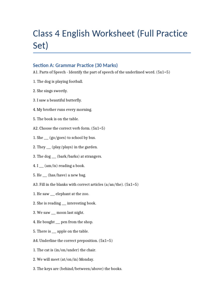 Class 4 English Worksheet with Answers | PDF | Linguistics