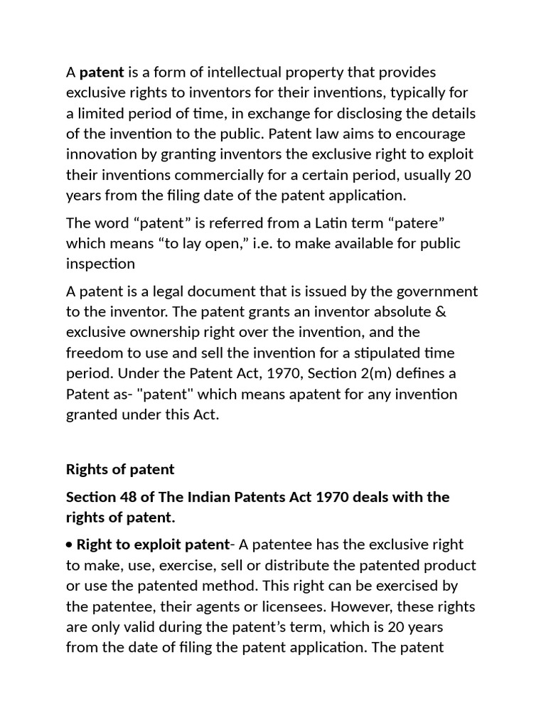 Patent Rights and Obligations Overview | PDF | Patent | Glossary Of ...