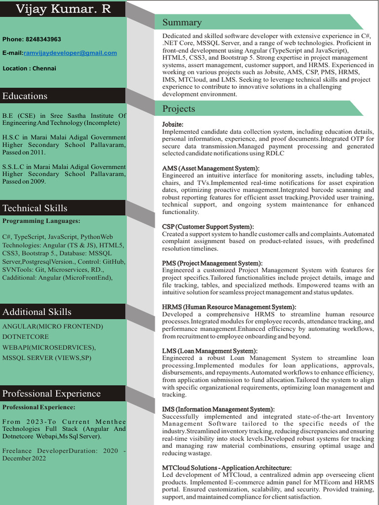 Software Developer Profile: C#, .NET, Angular | PDF | Microsoft Sql ...