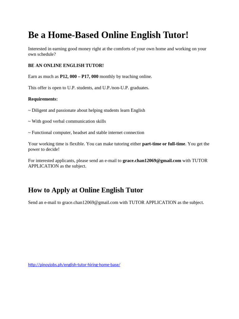 Home-Based Online English Tutor Jobs | PDF