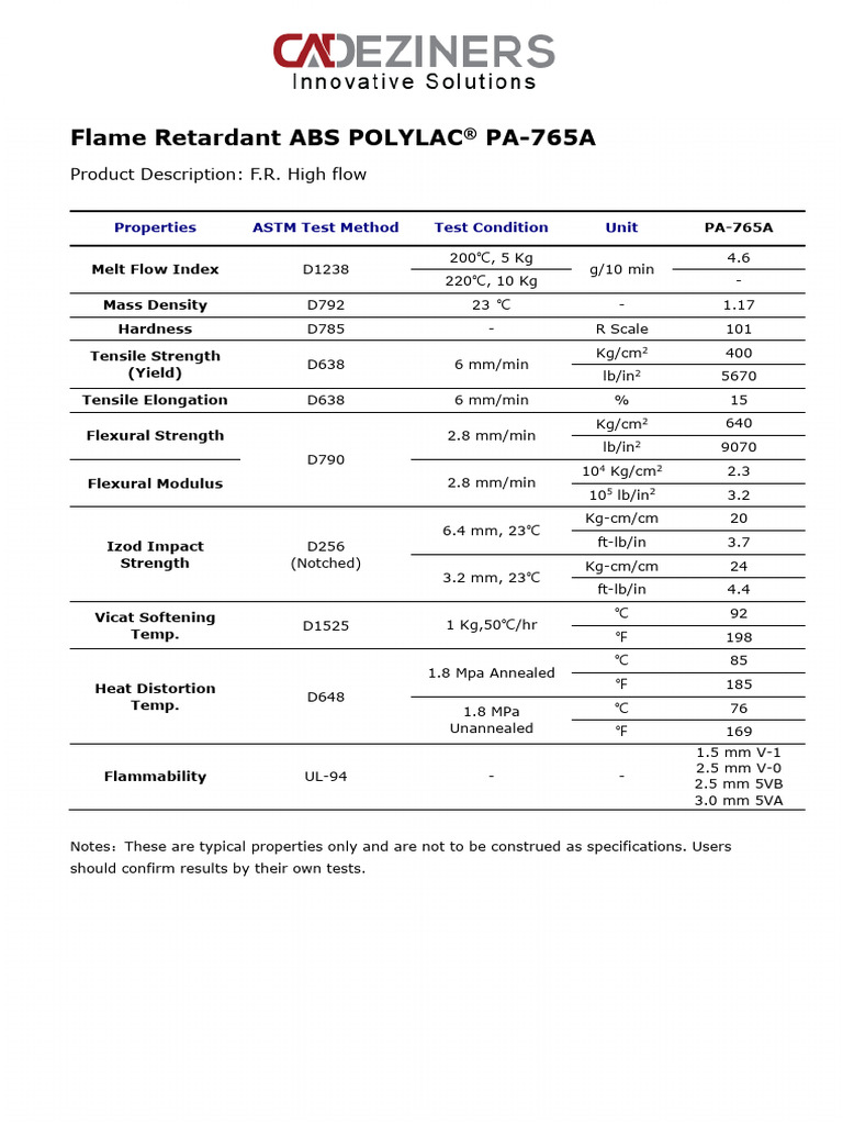 Flame Retardant ABS PA-765A Properties | PDF | Physical Sciences ...