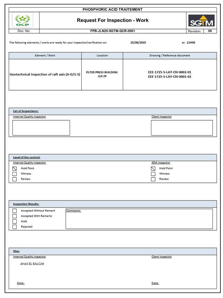 Inspection Request for Phosphoric Acid Treatment | PDF