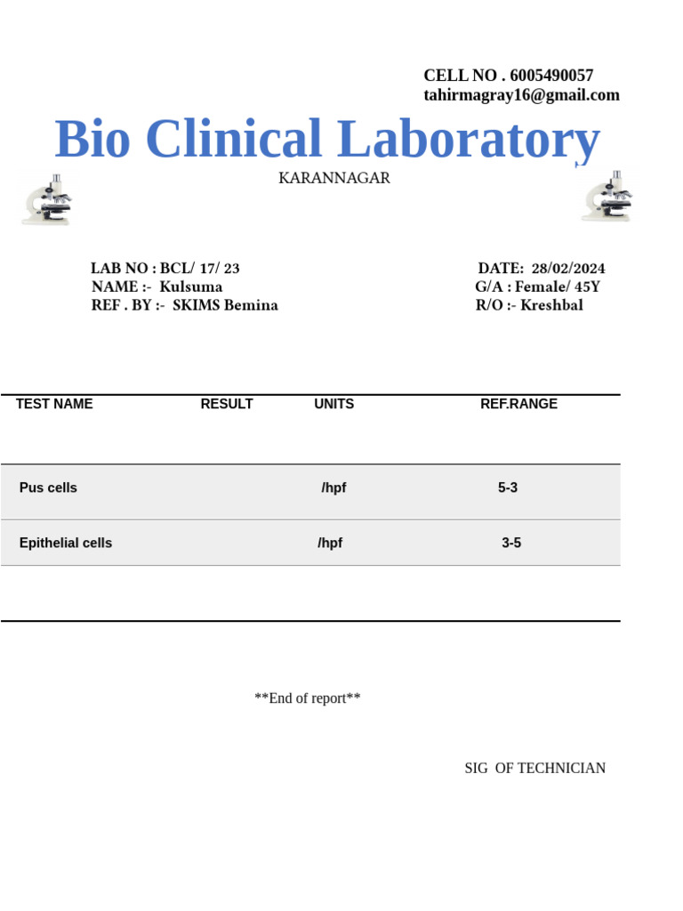 Bio Clinical Lab Test Results for Kulsuma | PDF