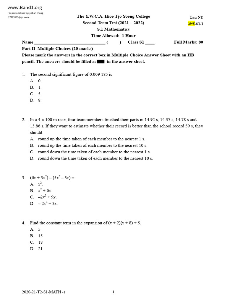 S1 Mathematics Test Paper 2021-22 | PDF | Chess Theory | Chess