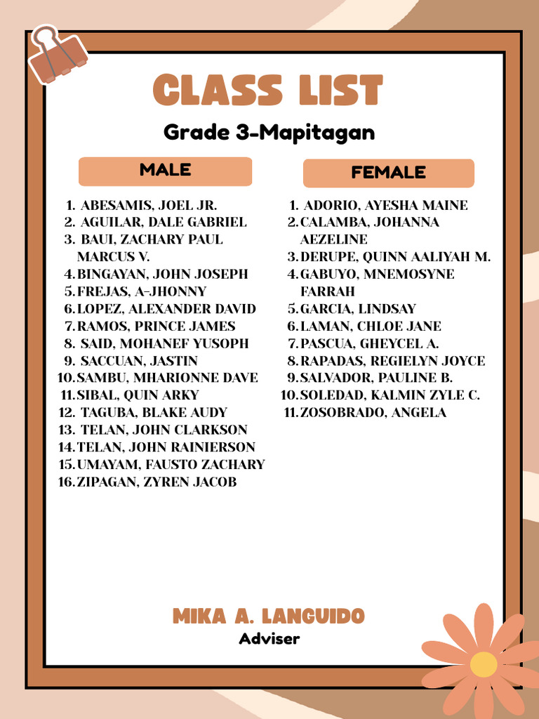 Brown and Black Minimalist Aesthetic Pastel Class List Education A4 ...