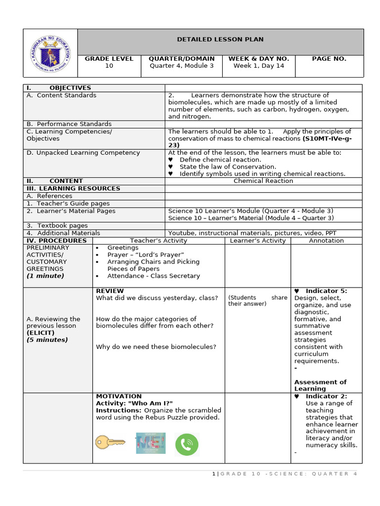 Chemical Reactions Lesson Plan for Grade 10 | PDF | Chemical Reactions ...