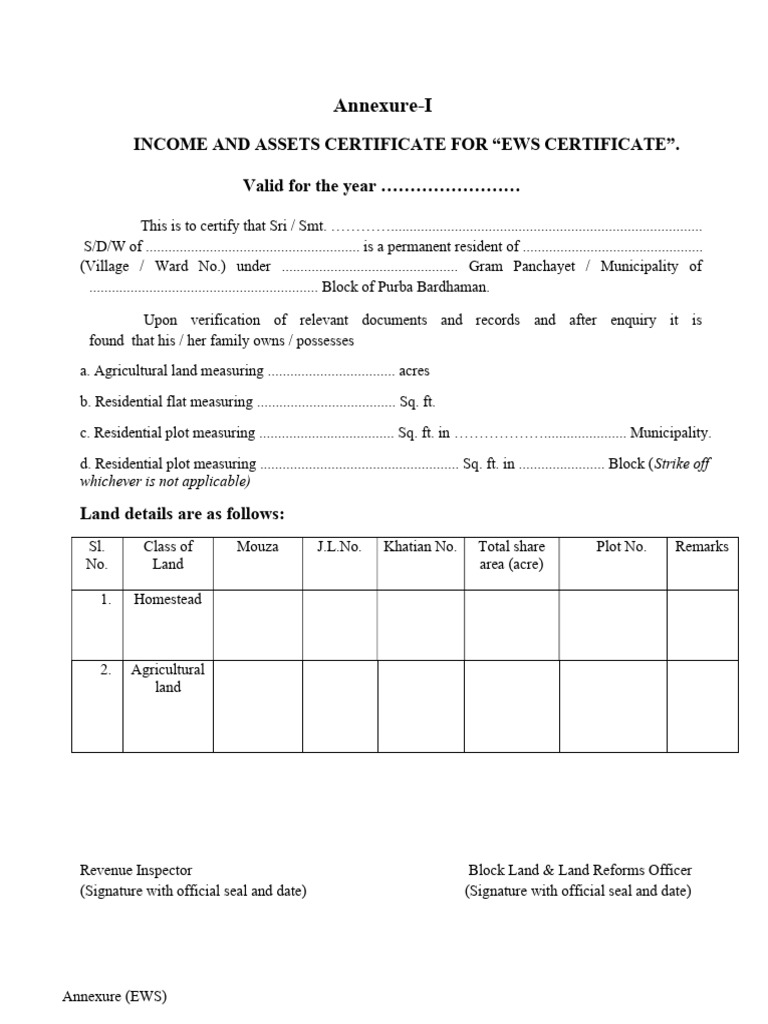 EWS Income and Assets Certificate Template | PDF