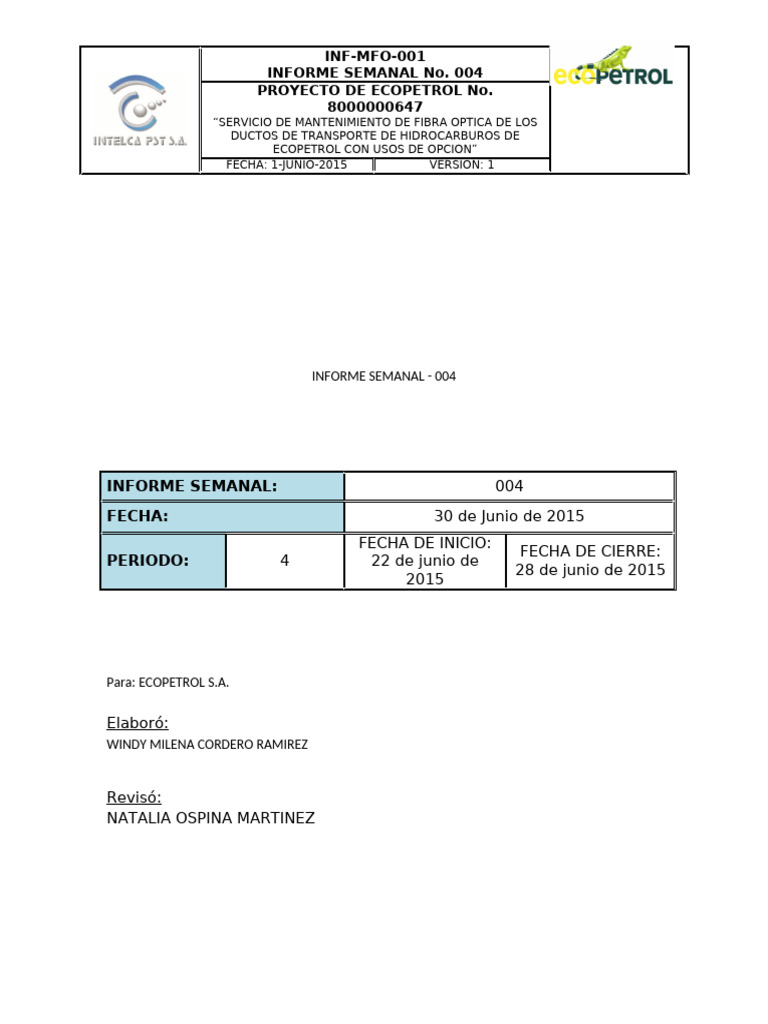INF-MFO-001 - Informe Semanal No. 004 | PDF | Ingenieria Eléctrica