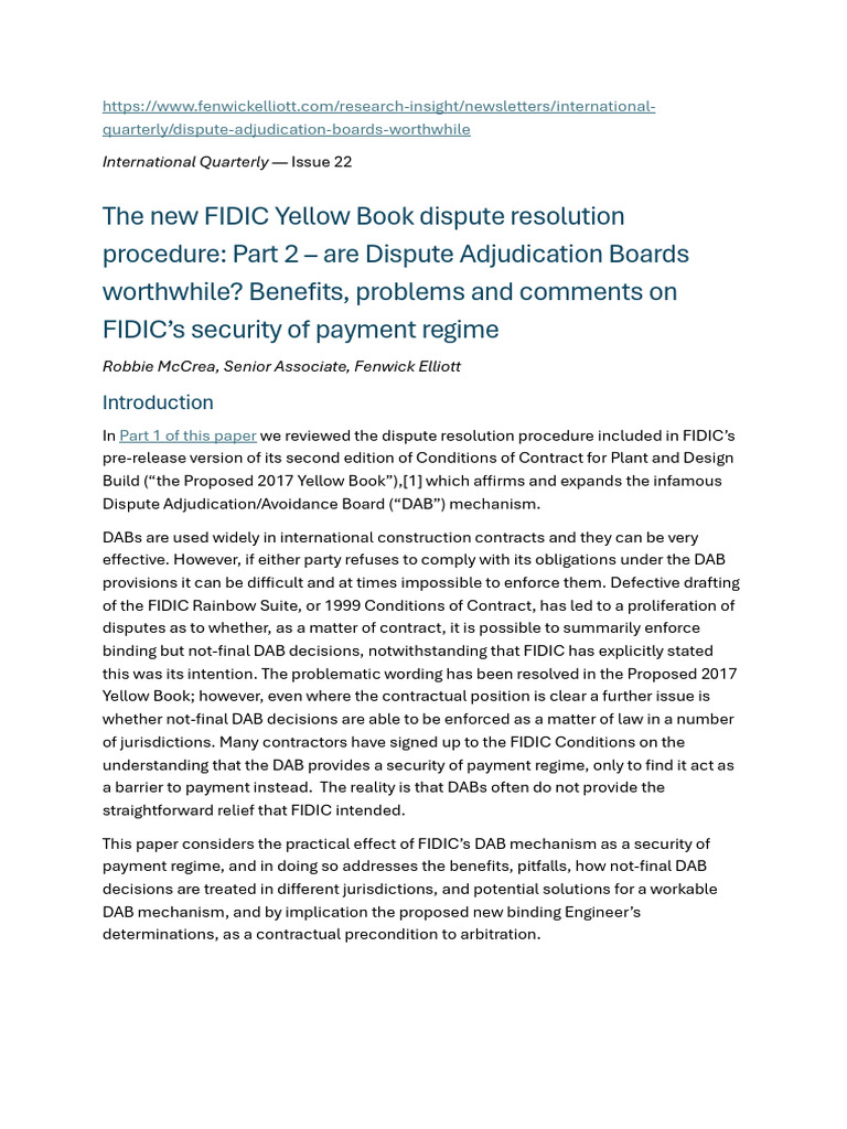 FIDIC Yellow Book Dispute Resolution Part 2 | PDF | Arbitration ...